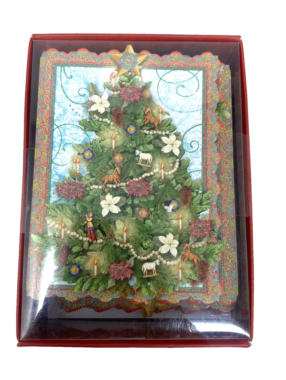 Punch Studio Christmas Tree w/ Candles Embellished Holiday Cards 10 ct